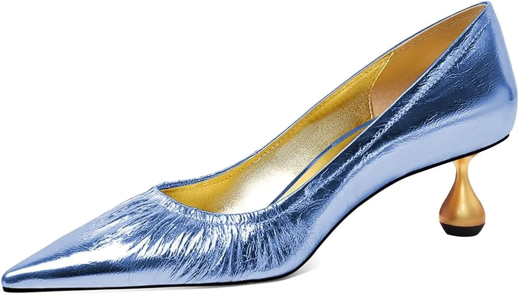 XYD Women Pleated Pointed Closed Toe Pumps Stylish Block Metal Low Heels Party Dinner Slip-on Dress Shoes