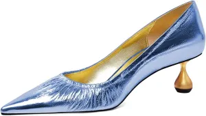 XYD Women Pleated Pointed Closed Toe Pumps Stylish Block Metal Low Heels Party Dinner Slip-on Dress Shoes