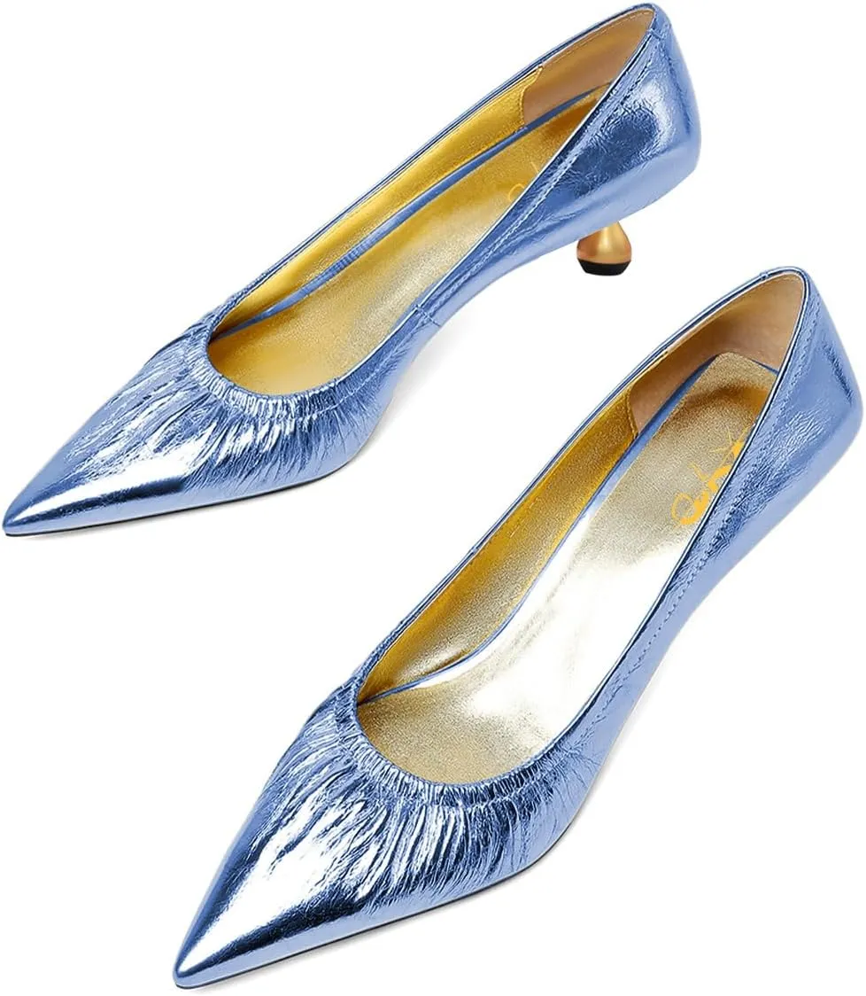 XYD Women Pleated Pointed Closed Toe Pumps Stylish Block Metal Low Heels Party Dinner Slip-on Dress Shoes
