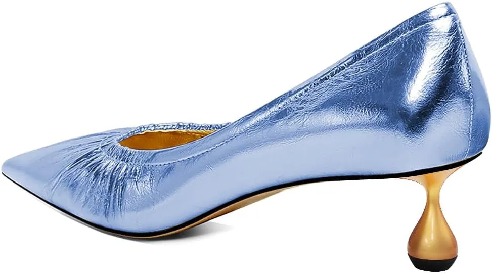 XYD Women Pleated Pointed Closed Toe Pumps Stylish Block Metal Low Heels Party Dinner Slip-on Dress Shoes