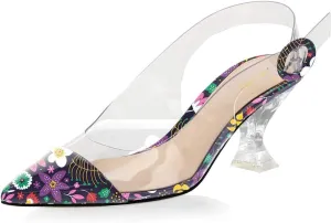XYD Women Transparent Slingback Clear Low Heels Pumps Pointed Toe PVC Dress Block Sandals Shoes with Buckle