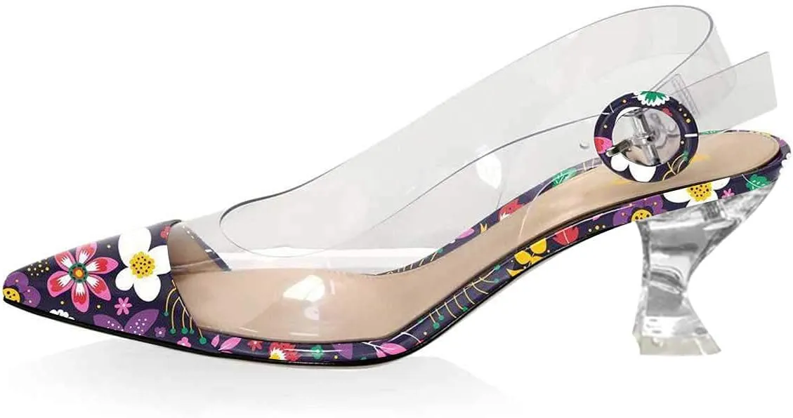 XYD Women Transparent Slingback Clear Low Heels Pumps Pointed Toe PVC Dress Block Sandals Shoes with Buckle