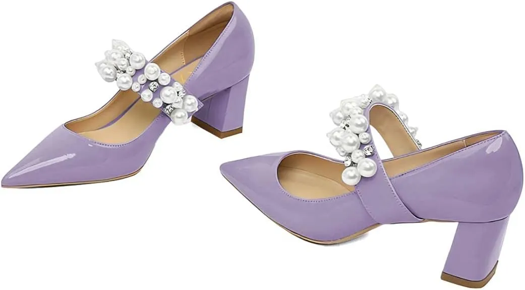 XYD Women's Pointed Toe Chunky Pumps Slip On Mary Jane Single Strap with Pearl Studs Mid Heels Stylish Party Dress Shoes