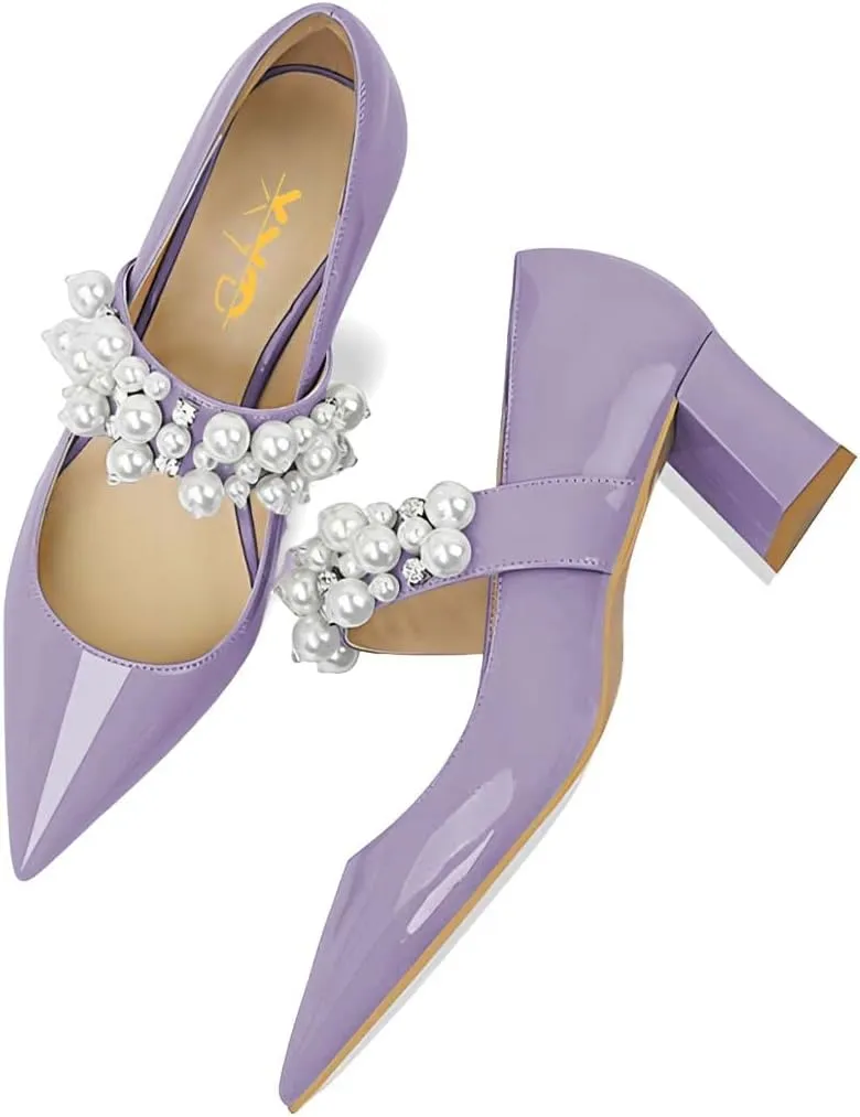 XYD Women's Pointed Toe Chunky Pumps Slip On Mary Jane Single Strap with Pearl Studs Mid Heels Stylish Party Dress Shoes