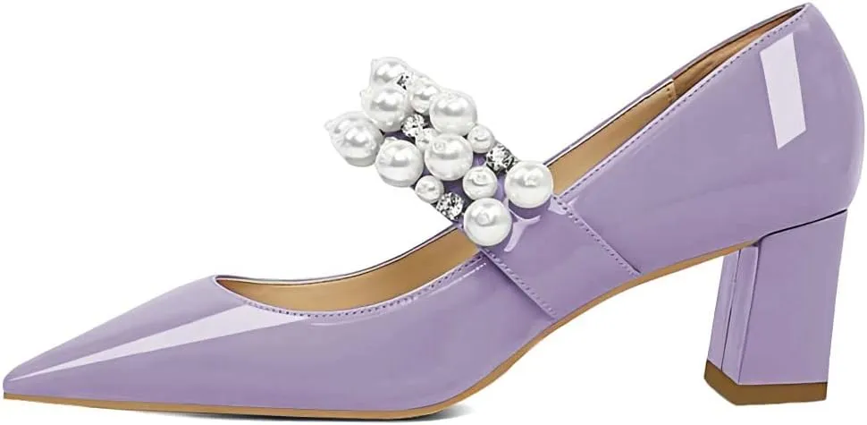 XYD Women's Pointed Toe Chunky Pumps Slip On Mary Jane Single Strap with Pearl Studs Mid Heels Stylish Party Dress Shoes