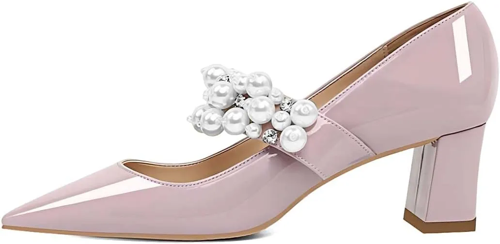 XYD Women's Pointed Toe Chunky Pumps Slip On Mary Jane Single Strap with Pearl Studs Mid Heels Stylish Party Dress Shoes