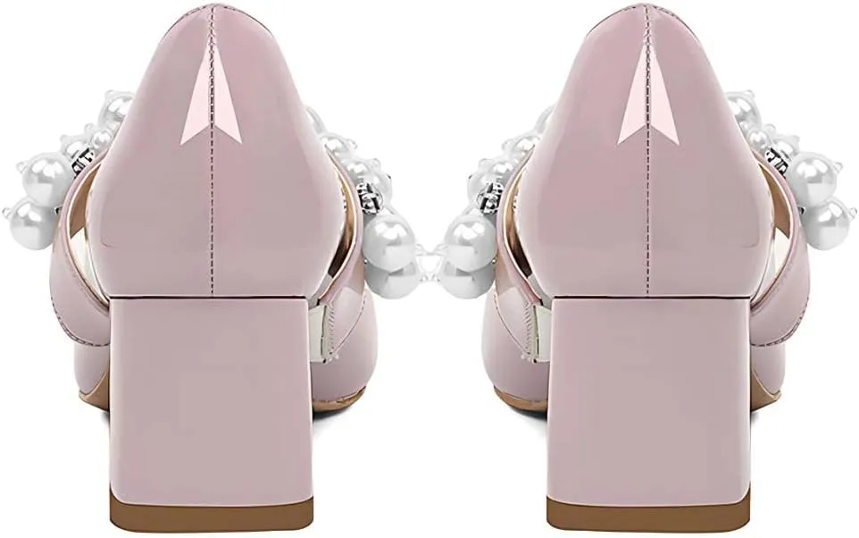 XYD Women's Pointed Toe Chunky Pumps Slip On Mary Jane Single Strap with Pearl Studs Mid Heels Stylish Party Dress Shoes