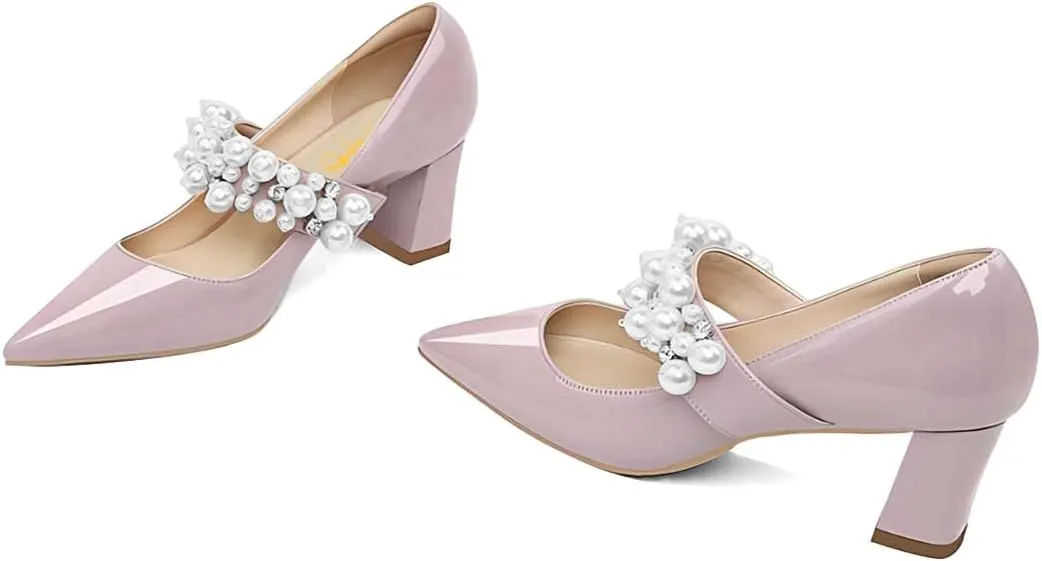 XYD Women's Pointed Toe Chunky Pumps Slip On Mary Jane Single Strap with Pearl Studs Mid Heels Stylish Party Dress Shoes
