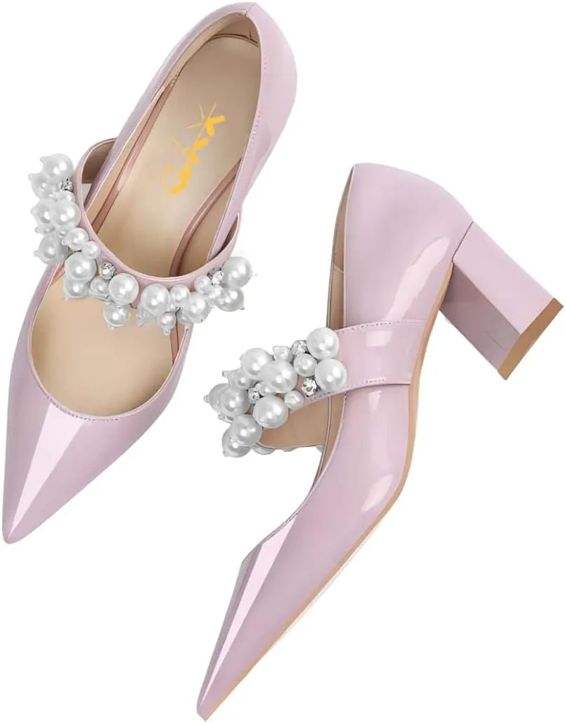 XYD Women's Pointed Toe Chunky Pumps Slip On Mary Jane Single Strap with Pearl Studs Mid Heels Stylish Party Dress Shoes
