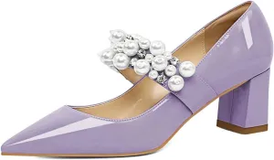 XYD Women's Pointed Toe Chunky Pumps Slip On Mary Jane Single Strap with Pearl Studs Mid Heels Stylish Party Dress Shoes