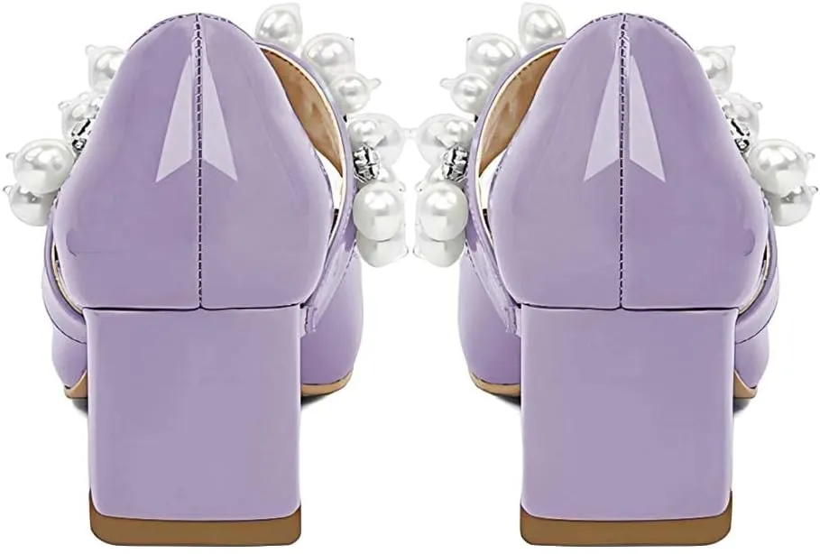 XYD Women's Pointed Toe Chunky Pumps Slip On Mary Jane Single Strap with Pearl Studs Mid Heels Stylish Party Dress Shoes