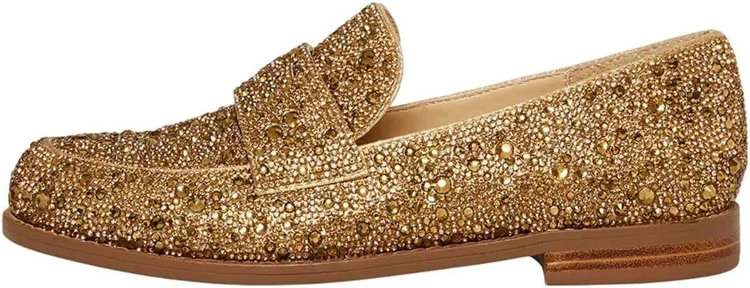 XYD Women's Sparkle Penny Loafer Flat Rhinestone Studded Closed Toe Dressy Glam Low Heel Slip On Evening Fashion Shoes