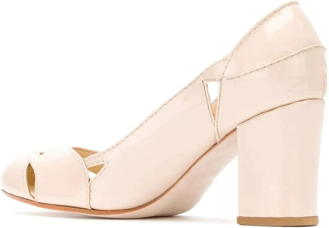 YDN Women Stylish Cutout Block Chunky High Heel Slip On Pumps Classic Round Toe Formal Casual Dress Shoes