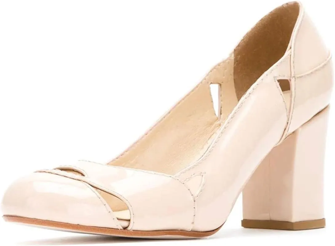 YDN Women Stylish Cutout Block Chunky High Heel Slip On Pumps Classic Round Toe Formal Casual Dress Shoes
