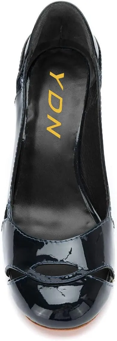 YDN Women Stylish Cutout Block Chunky High Heel Slip On Pumps Classic Round Toe Formal Casual Dress Shoes