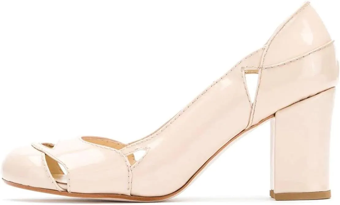 YDN Women Stylish Cutout Block Chunky High Heel Slip On Pumps Classic Round Toe Formal Casual Dress Shoes