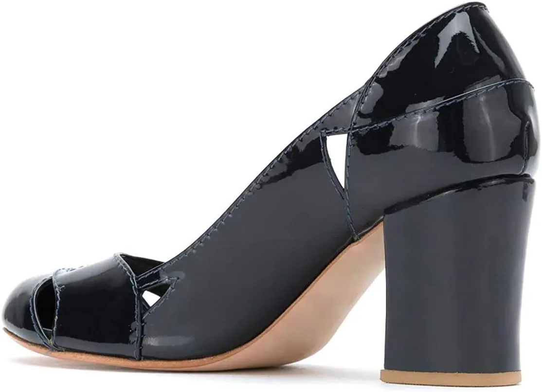 YDN Women Stylish Cutout Block Chunky High Heel Slip On Pumps Classic Round Toe Formal Casual Dress Shoes