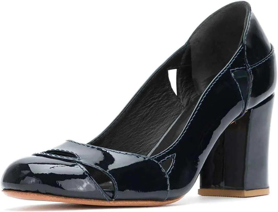 YDN Women Stylish Cutout Block Chunky High Heel Slip On Pumps Classic Round Toe Formal Casual Dress Shoes