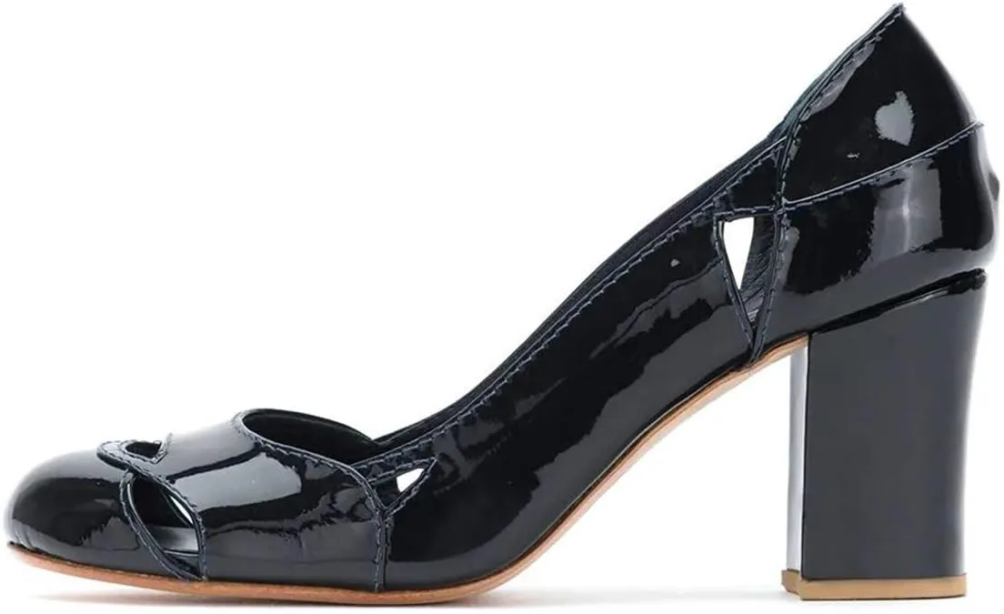 YDN Women Stylish Cutout Block Chunky High Heel Slip On Pumps Classic Round Toe Formal Casual Dress Shoes