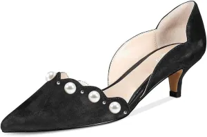 YDN Women's Classic Pointy Toe Kitten Pumps Slip-on Suede Low Heel D'Orsay Shoes Formal