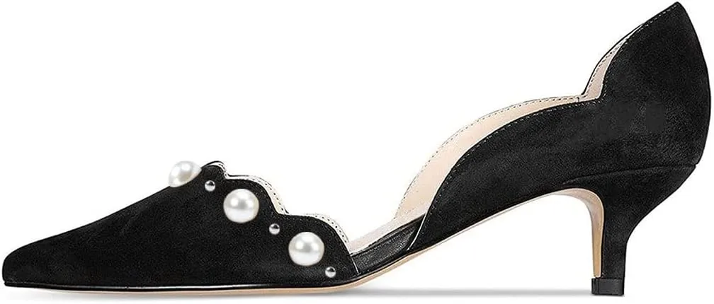 YDN Women's Classic Pointy Toe Kitten Pumps Slip-on Suede Low Heel D'Orsay Shoes Formal