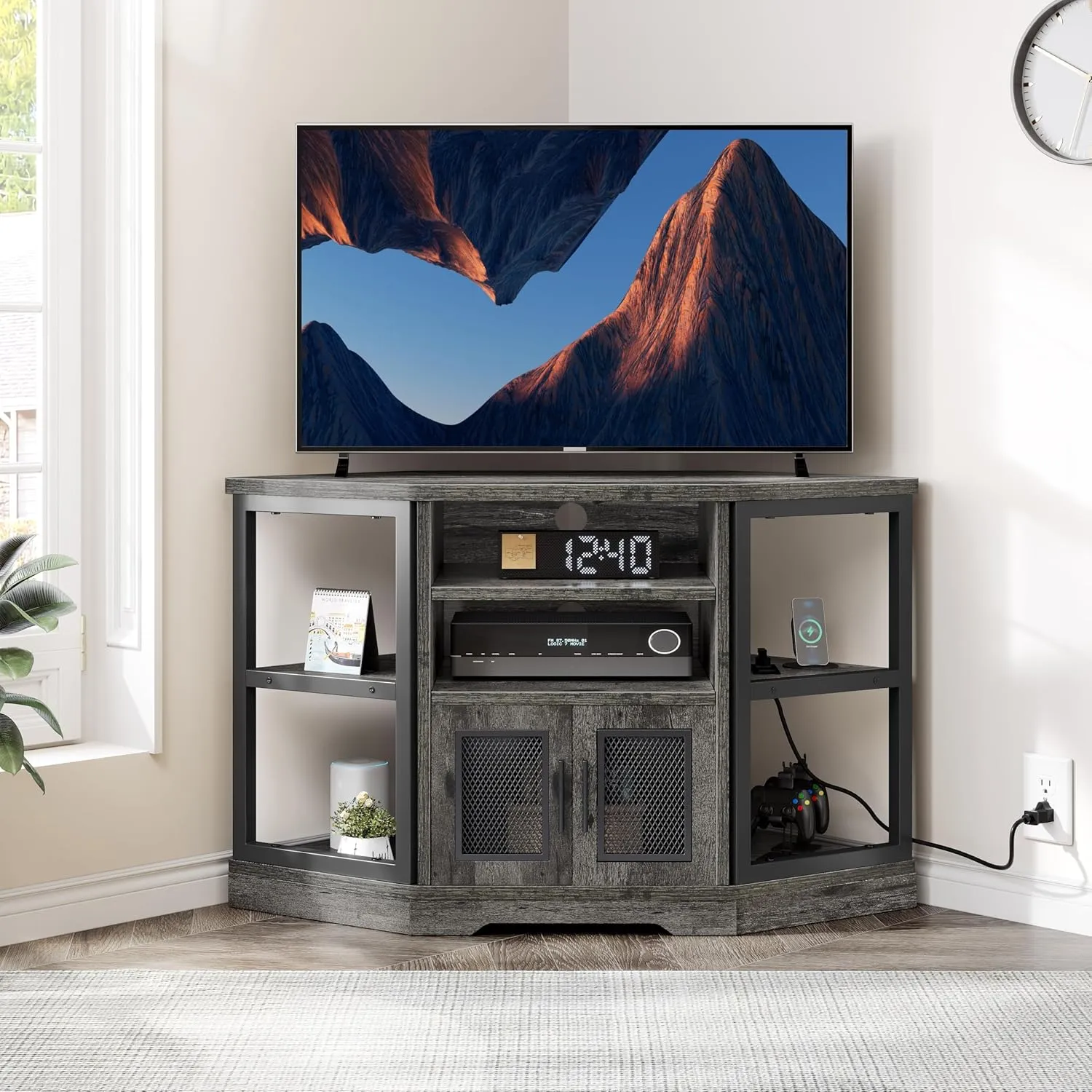 YITAHOME Farmhouse TV Stand with Power Outlet, Corner TV Stand for 55/50 Inch TV, Entertainment Center with Storage, TV Console Cabinet for Living Room, Grey Oak