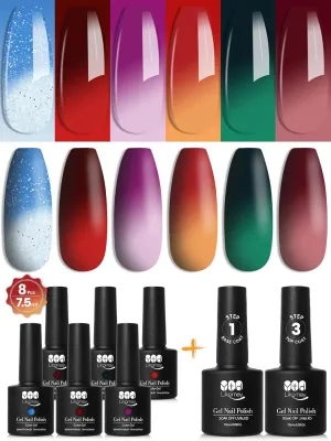 YTD Likomey Color Changing Gel Nail Polish Set,6 Colors with Base and Top Coat Kit,Mood Temperature Change Colors,Gift Red Green Blue Ombre Thermal Manicure UV Gel,8 Pcs 7.5 ml