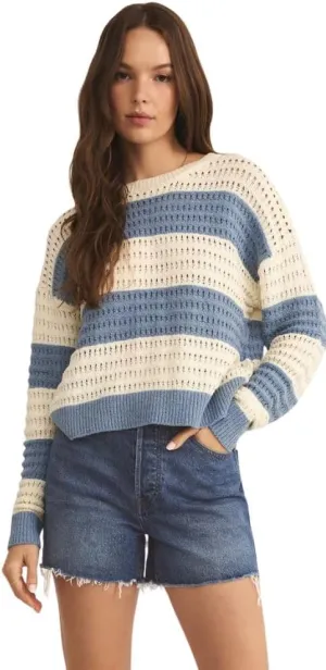 Z SUPPLY Women's Bonaparte Stripe Crochet Sweater, Crew Neck, Light Denim