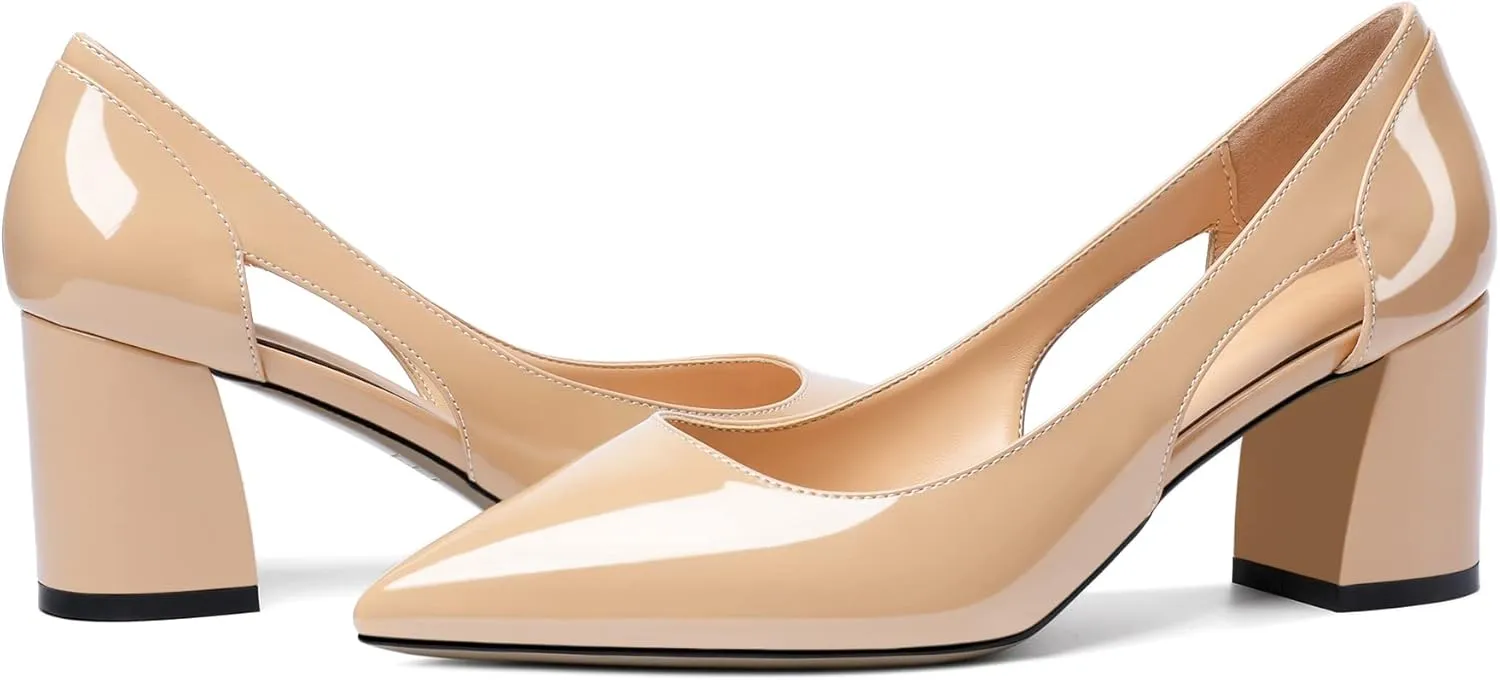 Zamikoo Women's Mid Block Heel Pumps, Pointed Toe Slip On Cutout Chunky Heels Ladies Office Event Party Dress Shoes 2.5 Inches