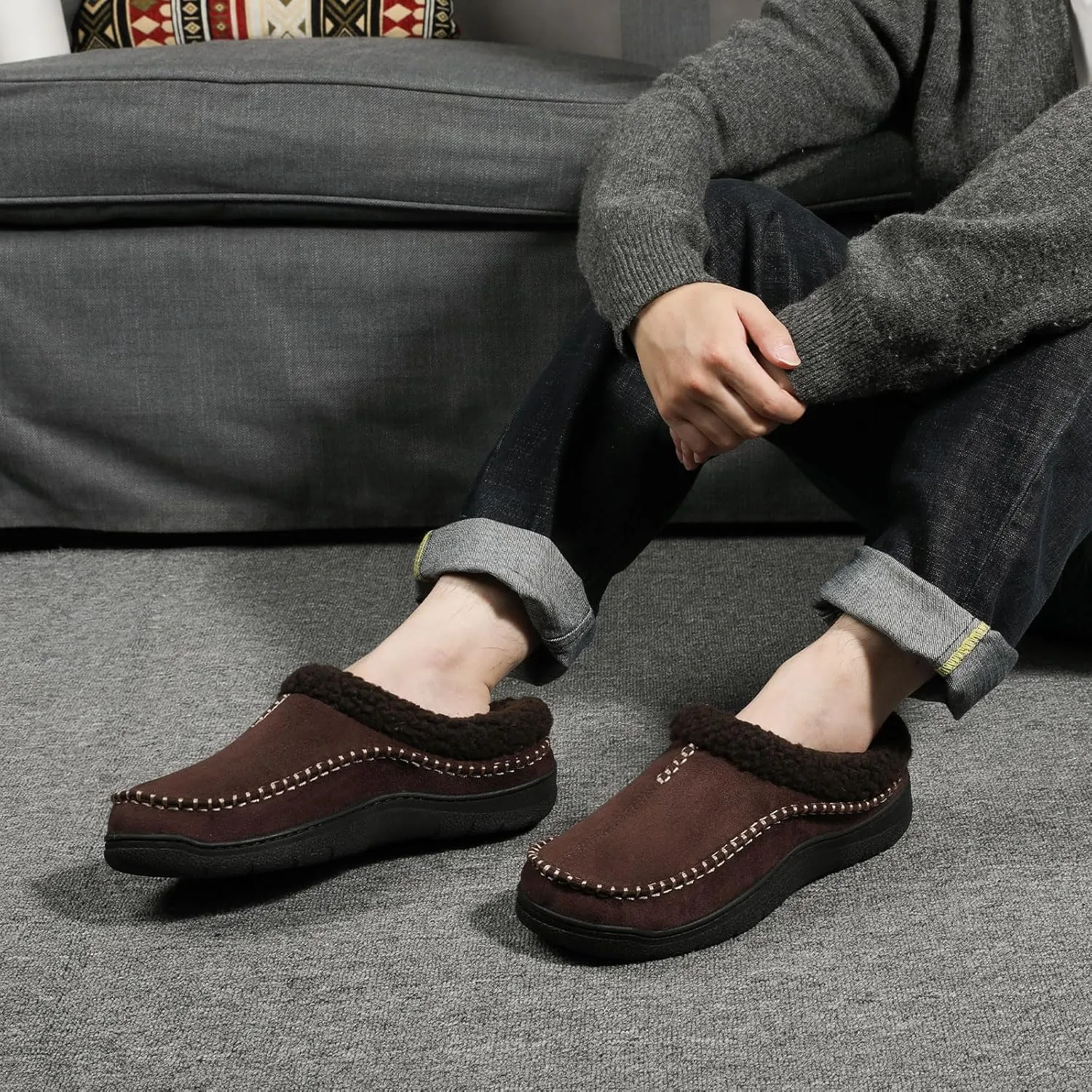 Zigzagger Men's Slip On Moccasin Slippers, Indoor/Outdoor Warm Fuzzy Comfy House Shoes, Fluffy Wide Loafer Slippers