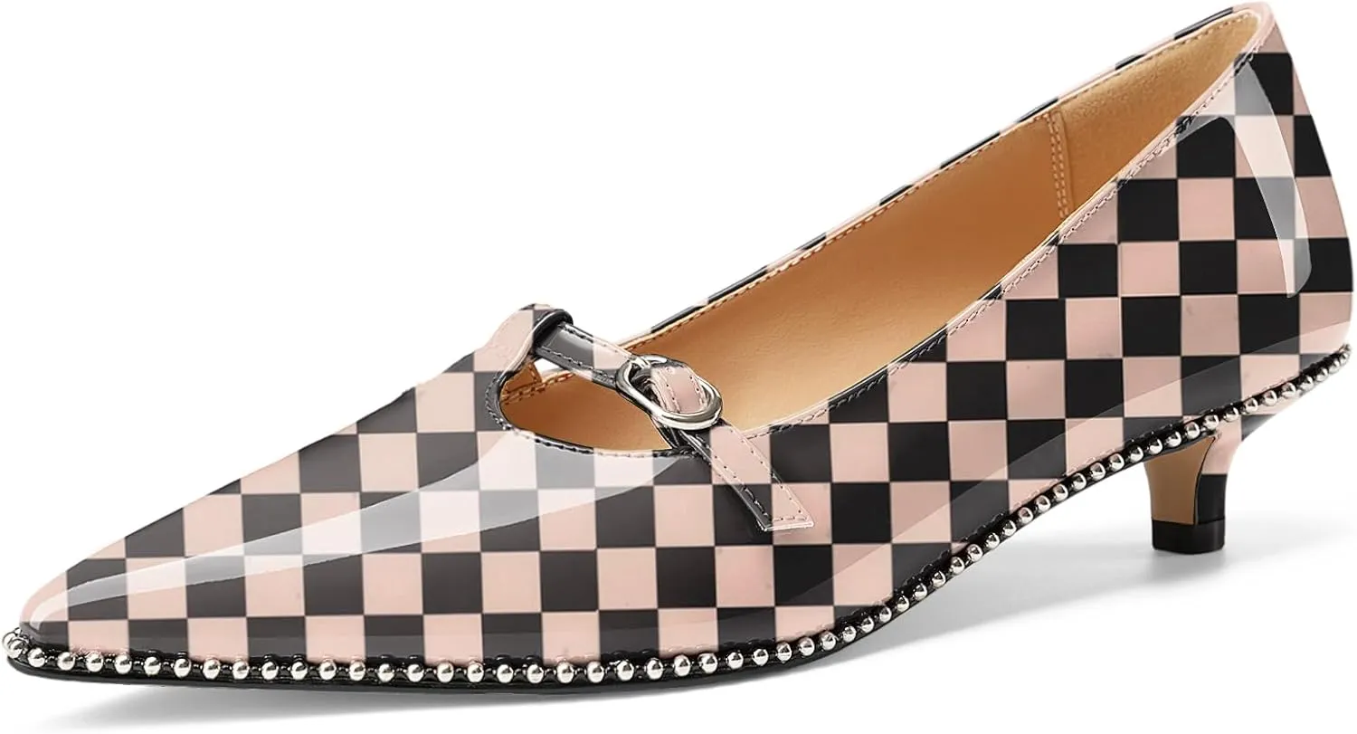 Z.Oufeier Women's Low Kitten Heels Pointed Toe Beaded Pumps Strap Buckle Patent Leather Slip-on Comfortable Office Work Dress Shoes Kitty Heels